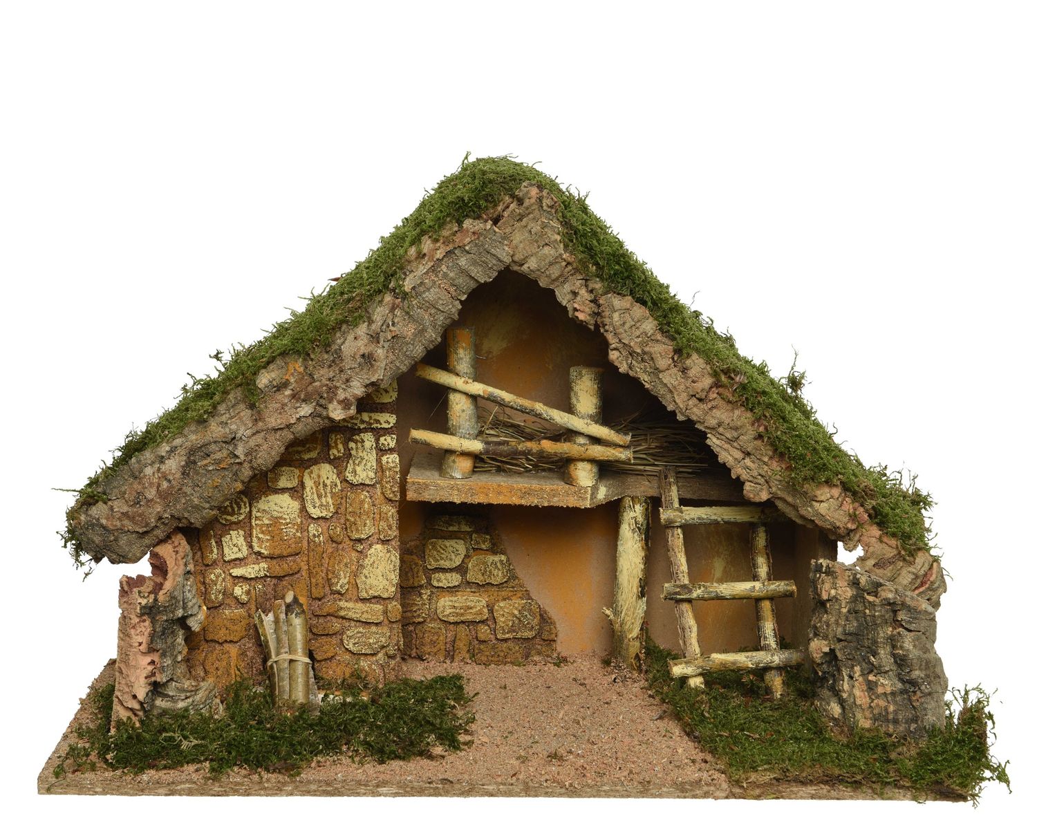 WOODEN NATIVITY HOUSE WITH BARK &amp; MOSS DETAILING