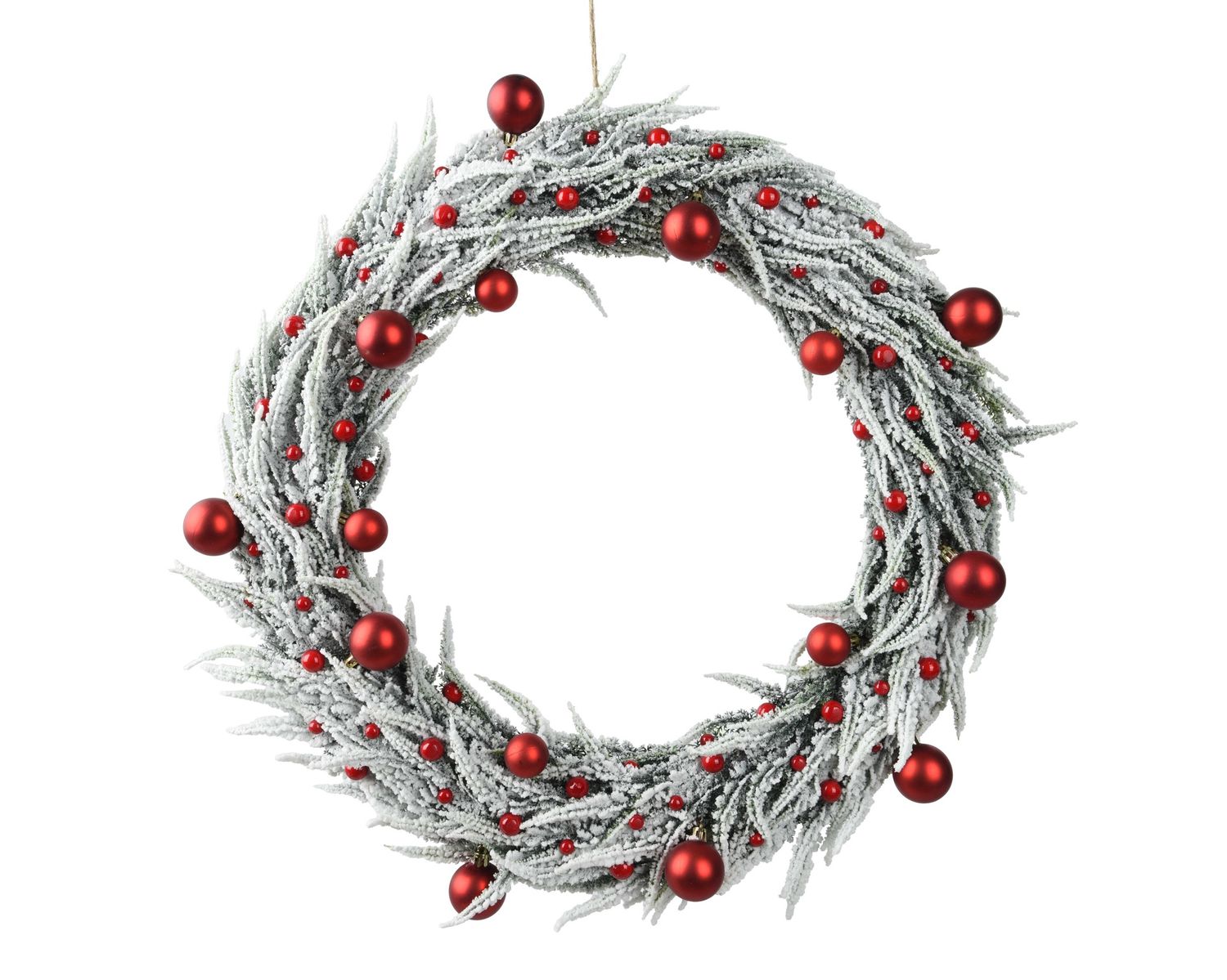 SILVER WREATH WITH RED BAUBLES