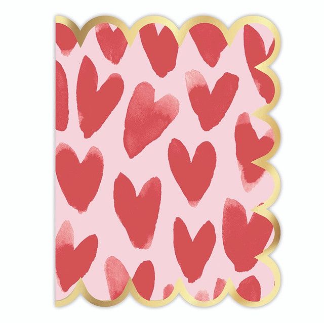 PINK BACKGROUND W/RED WATER COLOUR HEARTS  - SCALLOPED EDGES - CARD