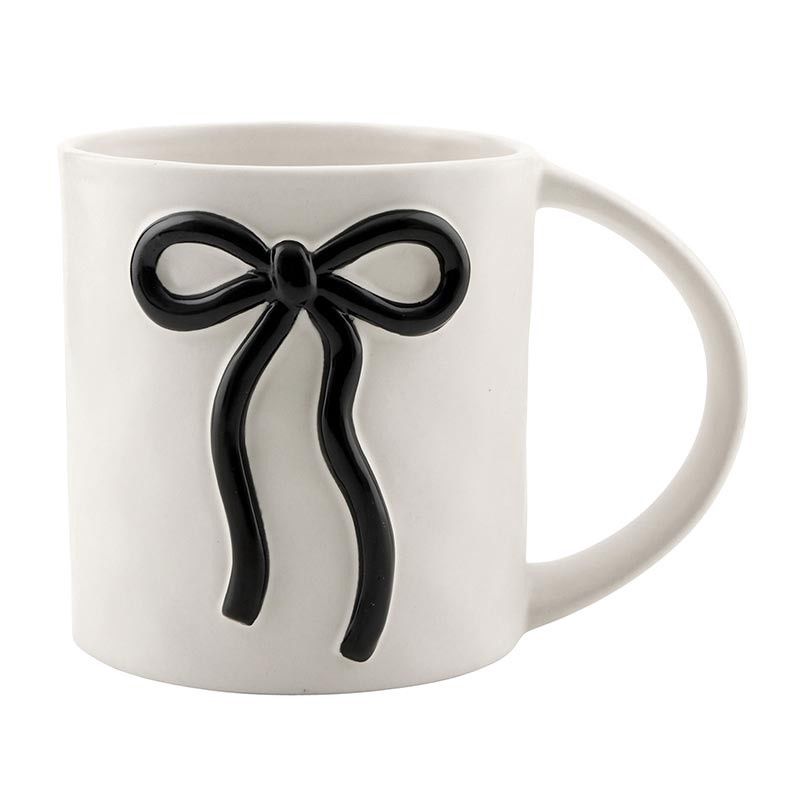 Wide Handle Stoneware Mug, ACCENTS: Black Embossed Bow