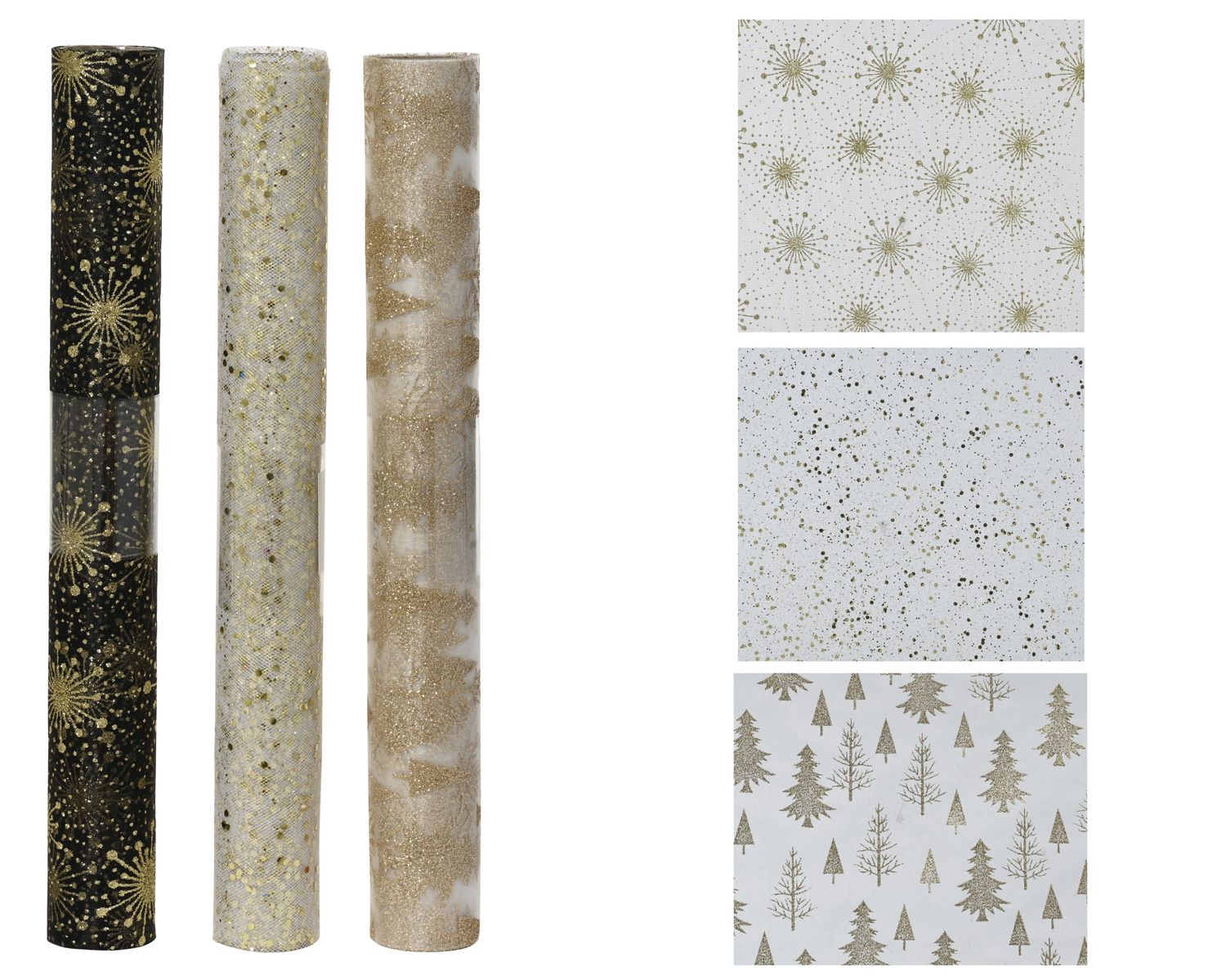 GOLD CHRISTMAS DECORATIVE FABRIC – ASSORTED DESIGNS, PATTERN: BLACK &amp; GOLD STARBURST