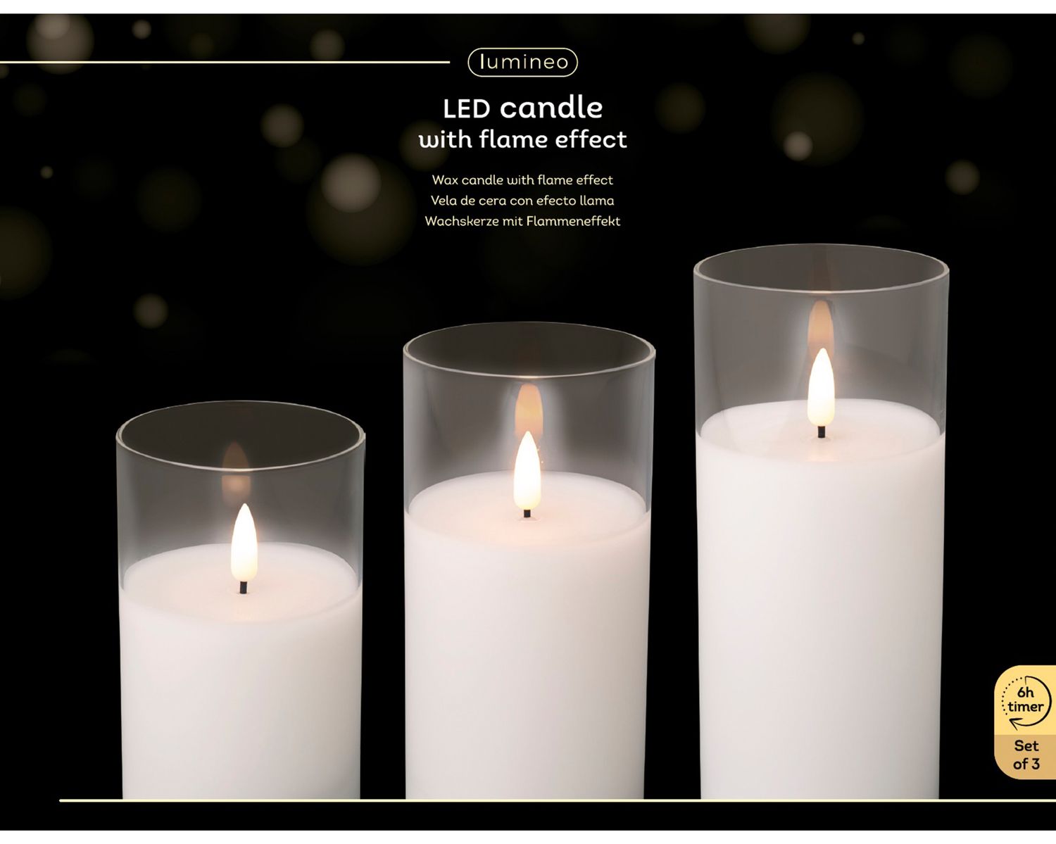 WHITE LED CANDLES WITH GLASS HOLDERS – SET OF 3