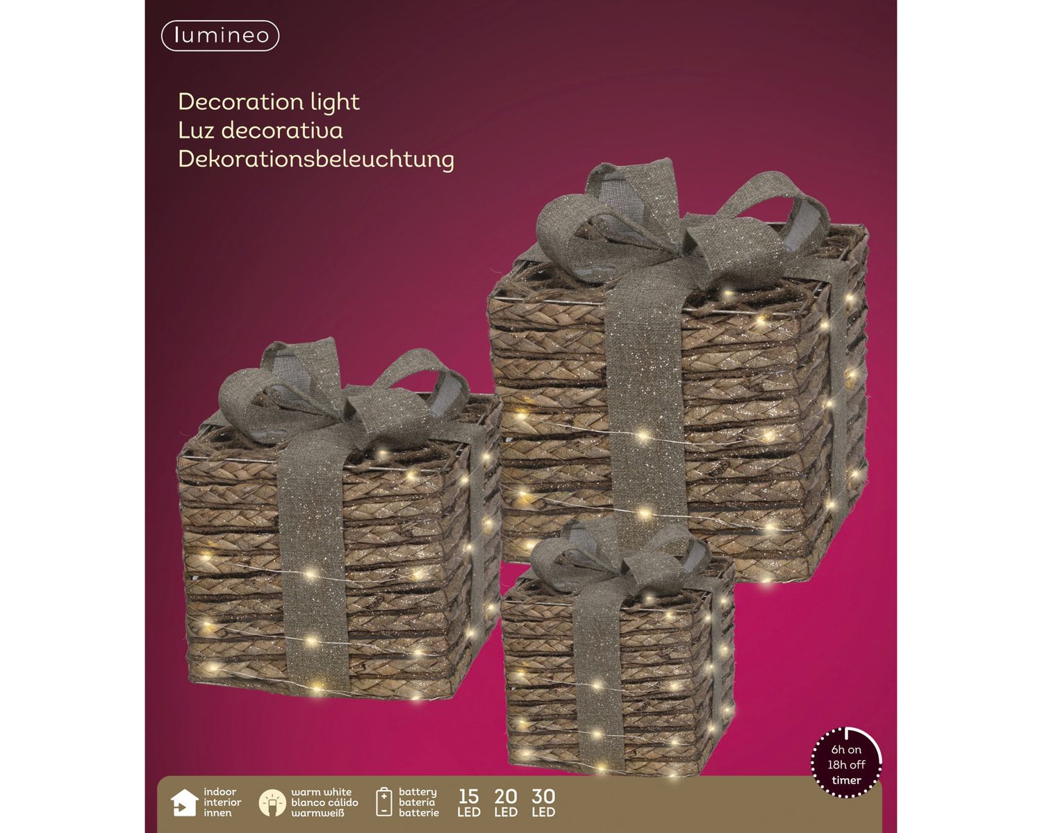 WARM WHITE LED JUTE GIFT BOX DECORATION – SET OF 3