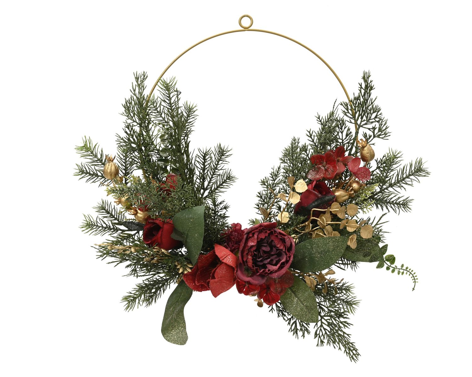 RED FLORAL &amp; GOLD ACCENT CHRISTMAS WREATH