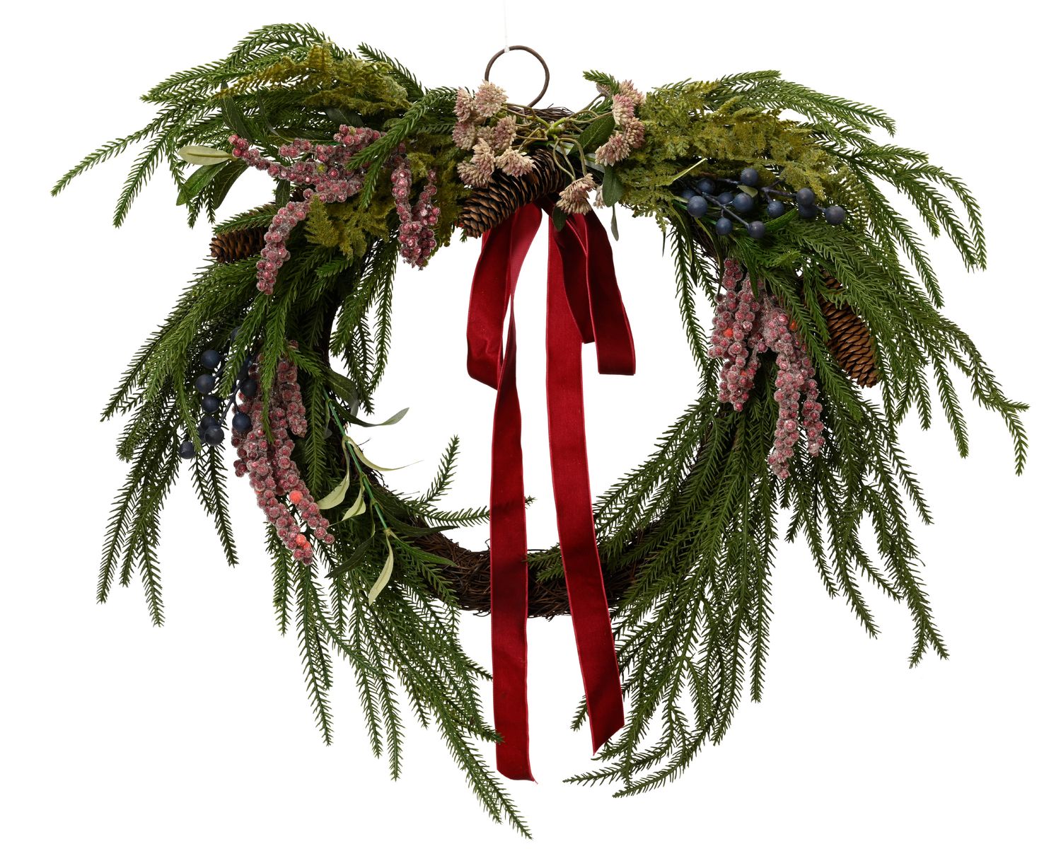 RED BOW, BERRY &amp; PINECONE CHRISTMAS WREATH