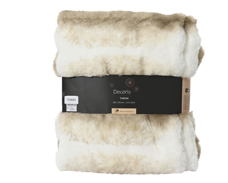CREAM &amp; TAUPE FAUX FUR STRIPE THROW