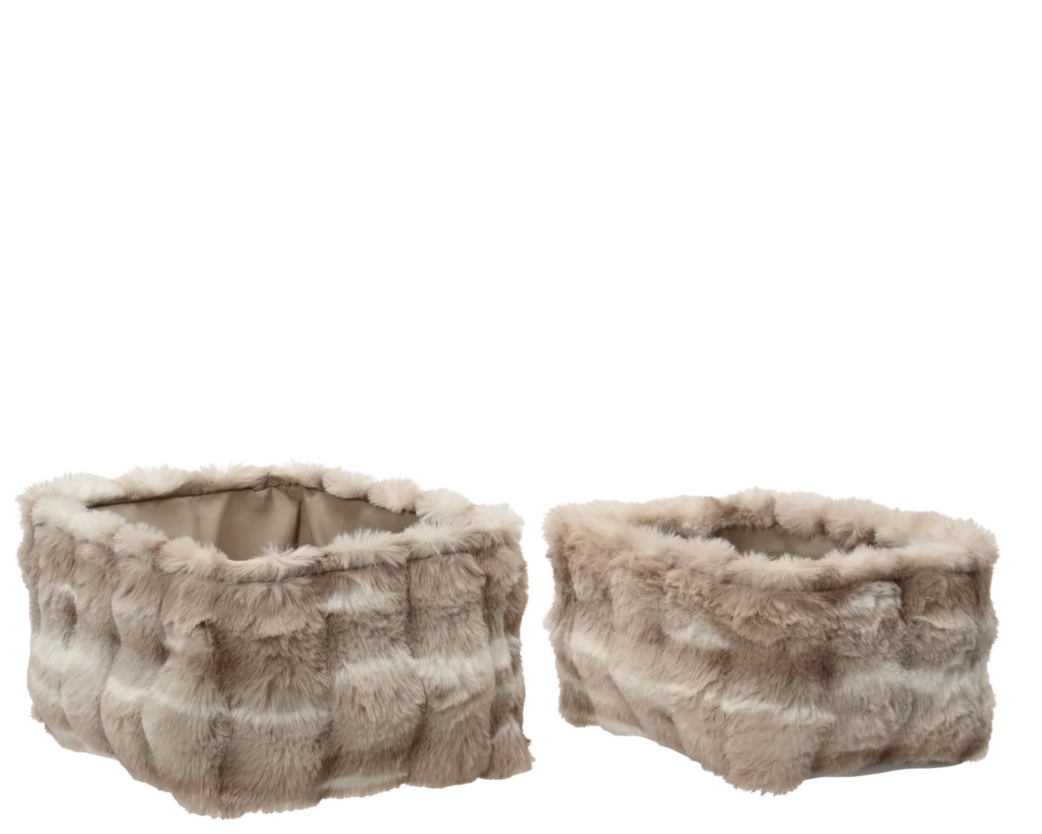 TAUPE PATCHWORK FAUX FUR BASKET SET OF 2