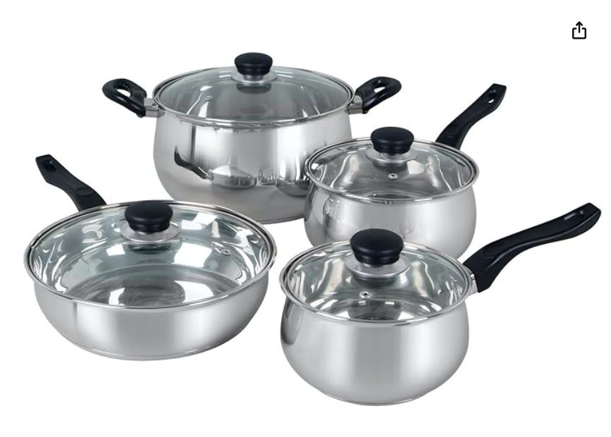 Oster Rametto Stainless Steel Cookware Set, 8 Piece, Stainless Steel