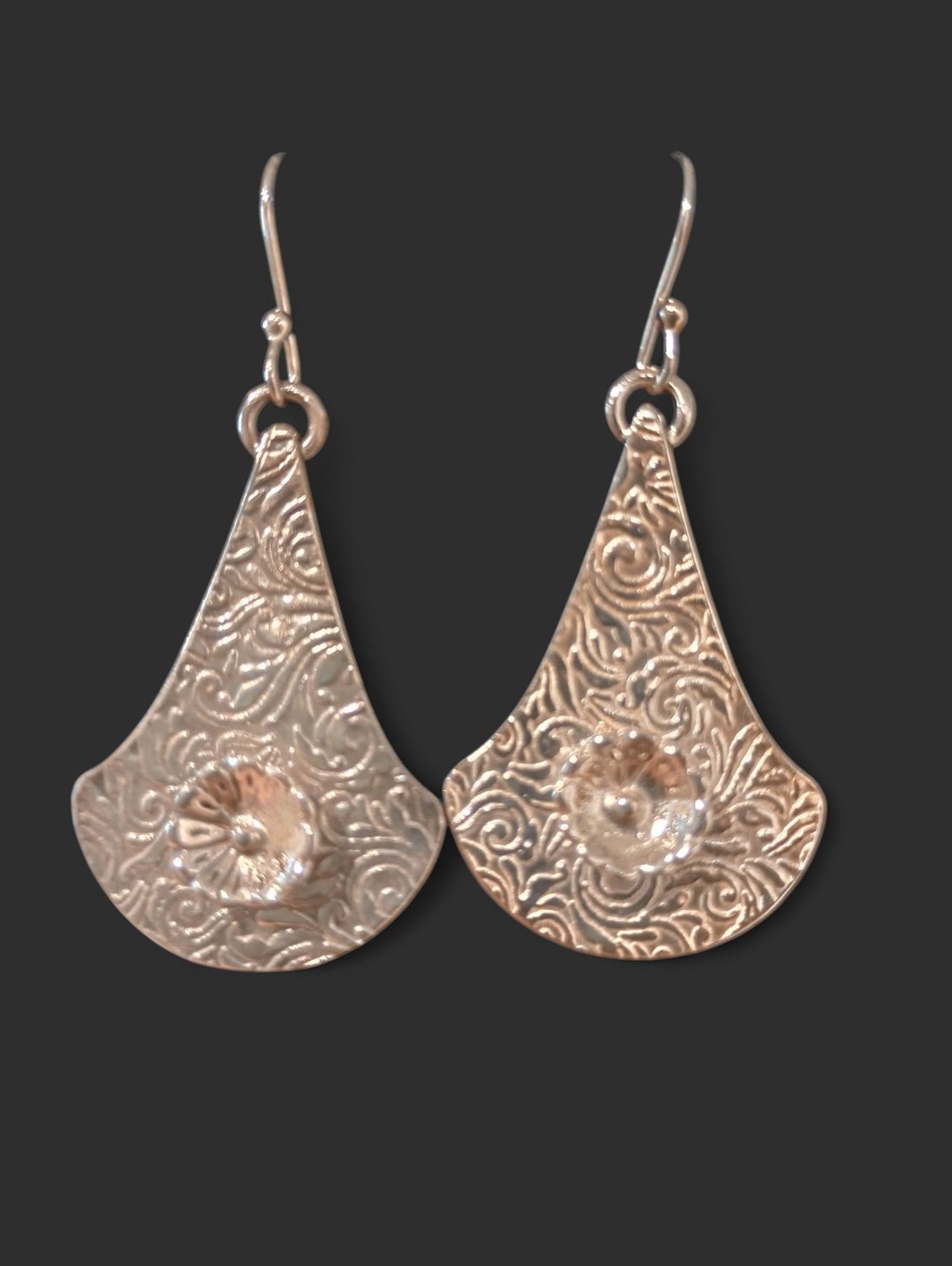 Sterling earrings press texture dw flowers patina