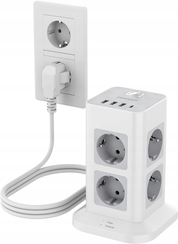 Przedłużacz TESSAN TPS05-DE-C, 8-sekcyjny, 3 USB A, USB C, 16 A, 3600 W
