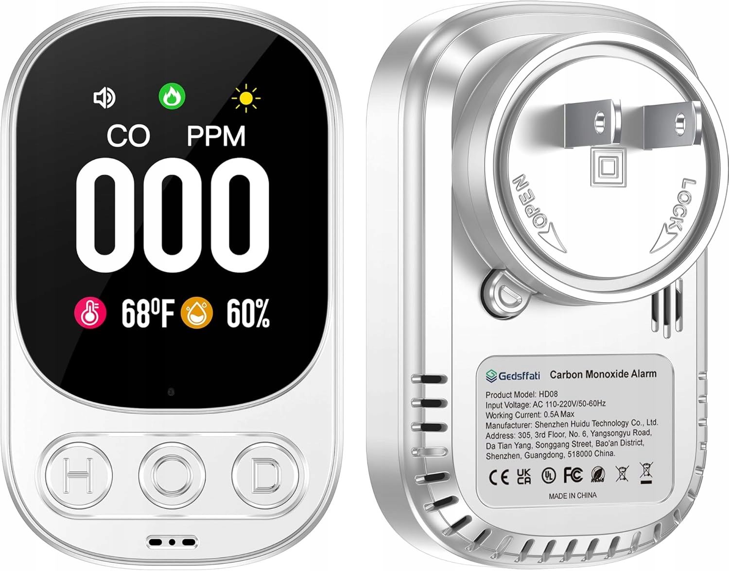 Gedsffati Detektor czujnik Gazu czadu i Tlenku Węgla z Wtyczką