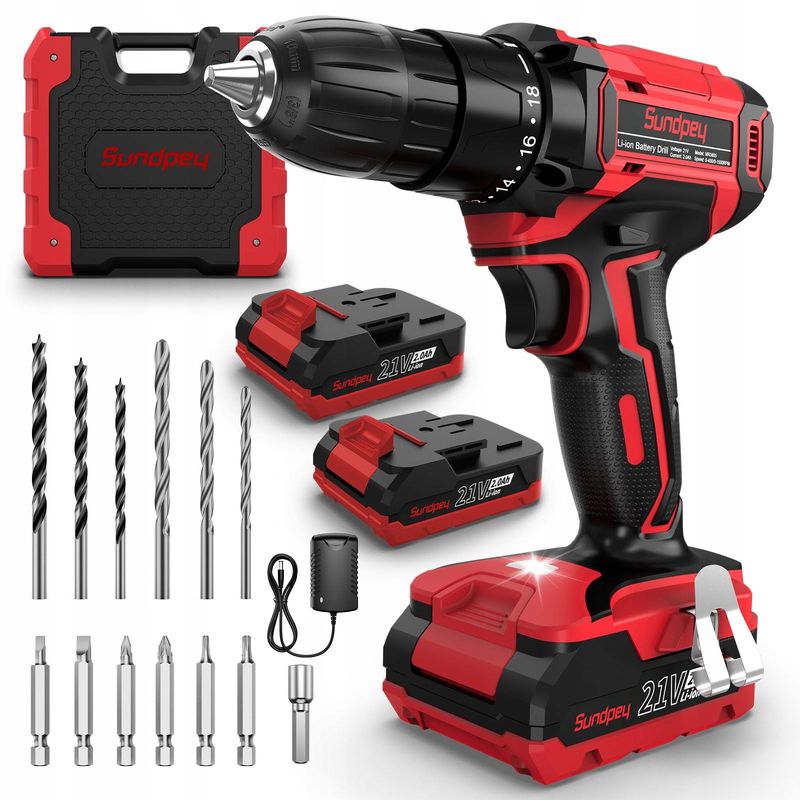 SUNDPEY Wiertarko-Wkrętarka 21V Zestaw 2x2000mAh 45Nm 18+1 Biegów 10mm