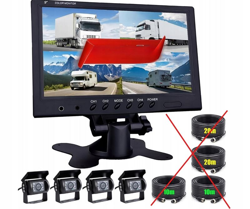 KAMERA COFANIA MONITOR REJESTRATOR 9" PODOFO ZESTAW 4X KAMERKA + KABEL 2M