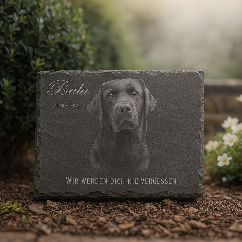 Personalisierte Schiefer-Gedenktafel mit Foto & Text - wetterfester Grabstein / Trauerplatte für Haustier (Hund, Katze und Co.)