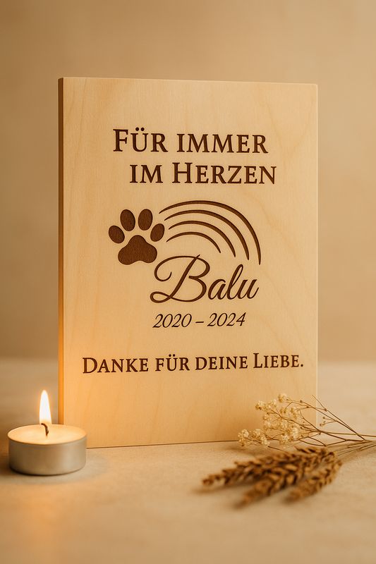 Gedenktafel aus Holz – personalisiert mit Wunschgravur 🐾🌈