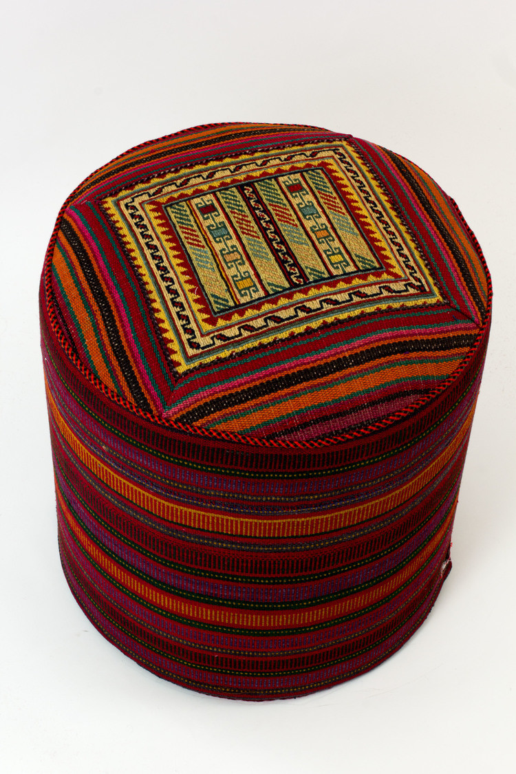 kelim tapijt poef KARAJ - hoge ottoman hocker rond - oosterse voetenbank - authentiek geweven kilim uit Iran