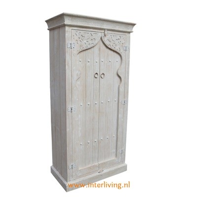 Marokkaanse stijl massief (mango) houten kast - met oosterse bogen en houtsnijwerk - antiek white washed - laag model -150*70*40 cm uit India Marokkaanse stijl massief (mango) houten kast - met oosterse bogen en houtsnijwerk - antiek white washed - laag model -150*70*40 cm uit India