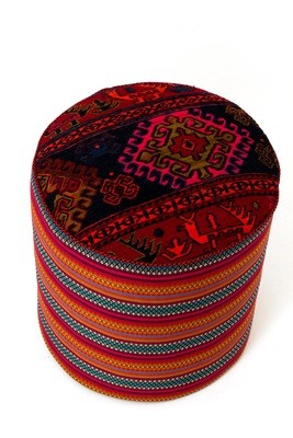 kelim tapijt poef QOMA - hoge ottoman hocker rond - oosterse voetenbank - authentiek geweven kilim uit Iran