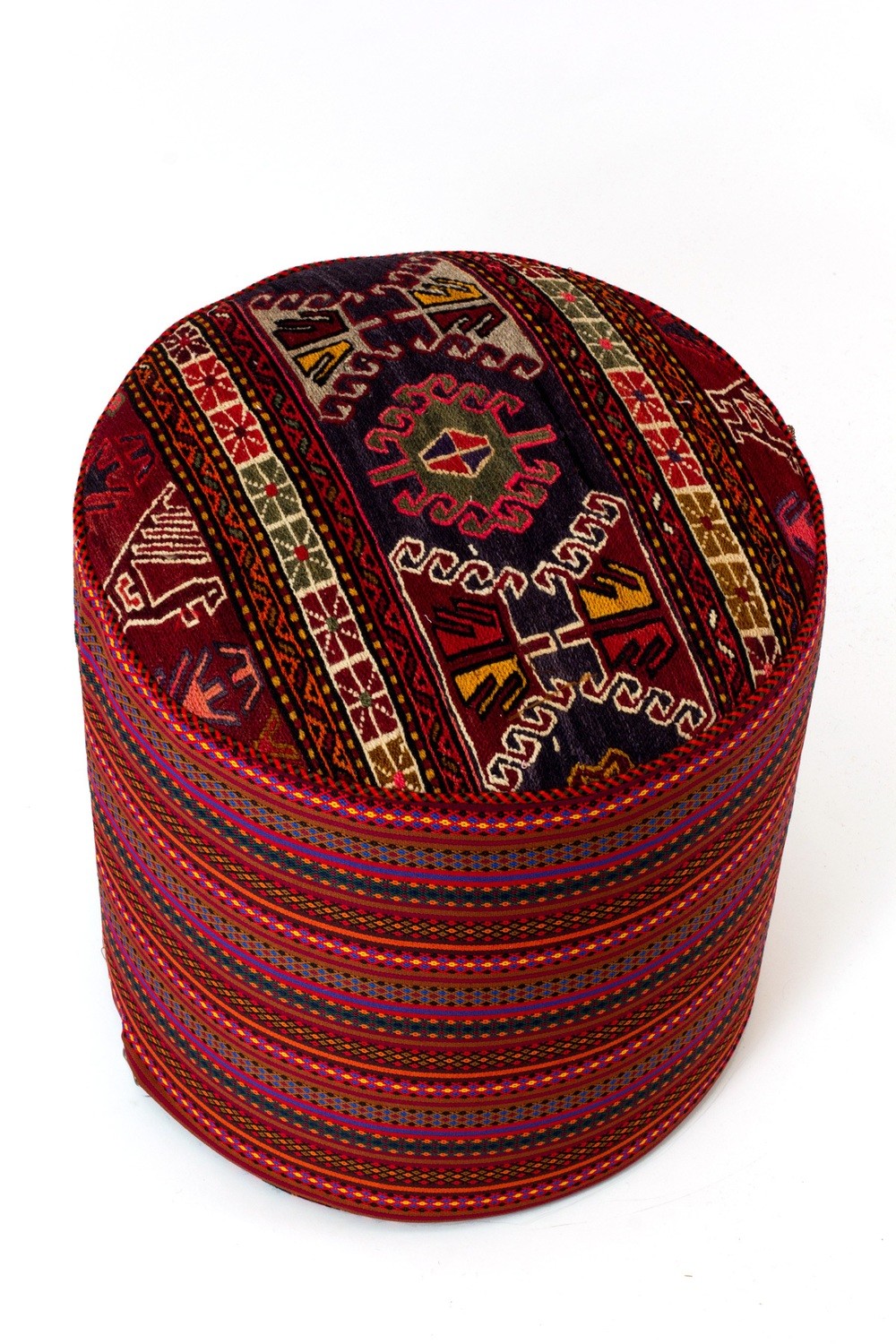 kelim tapijt poef SHAHM - hoge ottoman hocker rond - oosterse voetenbank - authentiek geweven kilim uit Iran