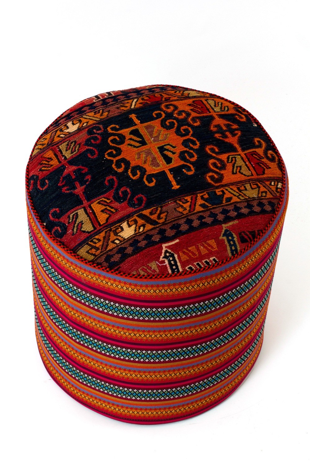 kelim tapijt poef DEZFUL - hoge ottoman hocker rond - oosterse voetenbank - authentiek geweven kilim uit Iran