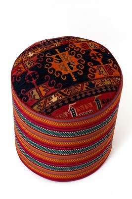 kelim tapijt poef DEZFUL - hoge ottoman hocker rond - oosterse voetenbank - authentiek geweven kilim uit Iran