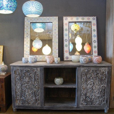 Dressoir grey washed mangohout met lotus houtsnijwerk 150 x 76 x 47 cm - landelijk sober sjiek styling interieur