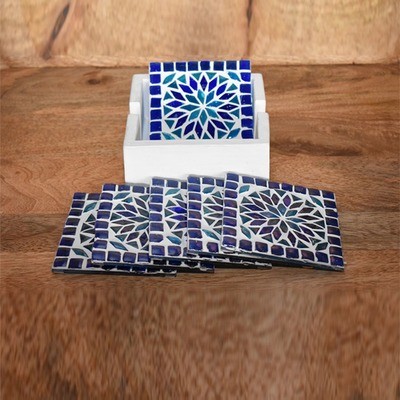 onderzetters - handgemaakt van glasmozaïek- extra groot - blauw - Turks design