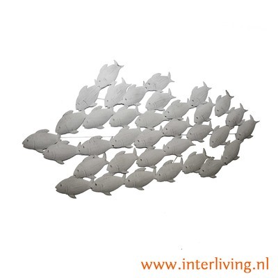 muurdecoratie - grote school vissen van metaal - 3D - grijskleurige wanddecoratie muurdecoratie - grote school vissen van metaal - 3D - grijskleurige wanddecoratie