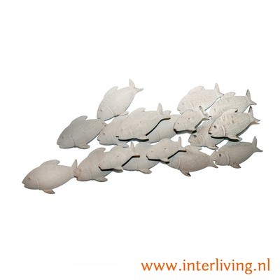 muurdecoratie - school vissen van metaal - 3D - grijskleurige wanddecoratie muurdecoratie - school vissen van metaal - 3D - grijskleurige wanddecoratie
