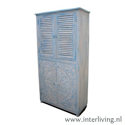 oosterse buffetkast of vitrinekast uit India van mangohout - blue washed - shabby chic - lotus houtsnijwerk en lamellen