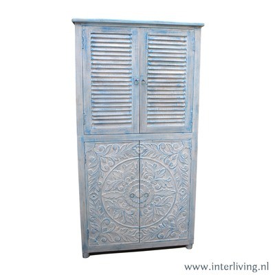 oosterse buffetkast of vitrinekast uit India van mangohout - blue washed - shabby chic - lotus houtsnijwerk en lamellen