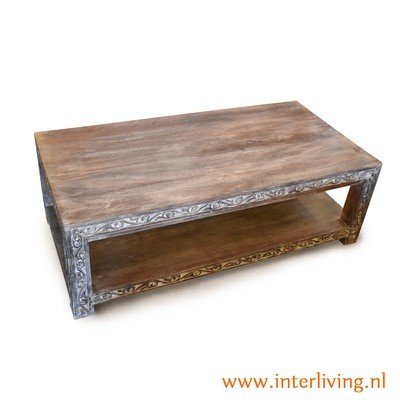 salontafel van antiek grey wash mango hout met prachtig lotus houtsnijwerk - 120*60*38