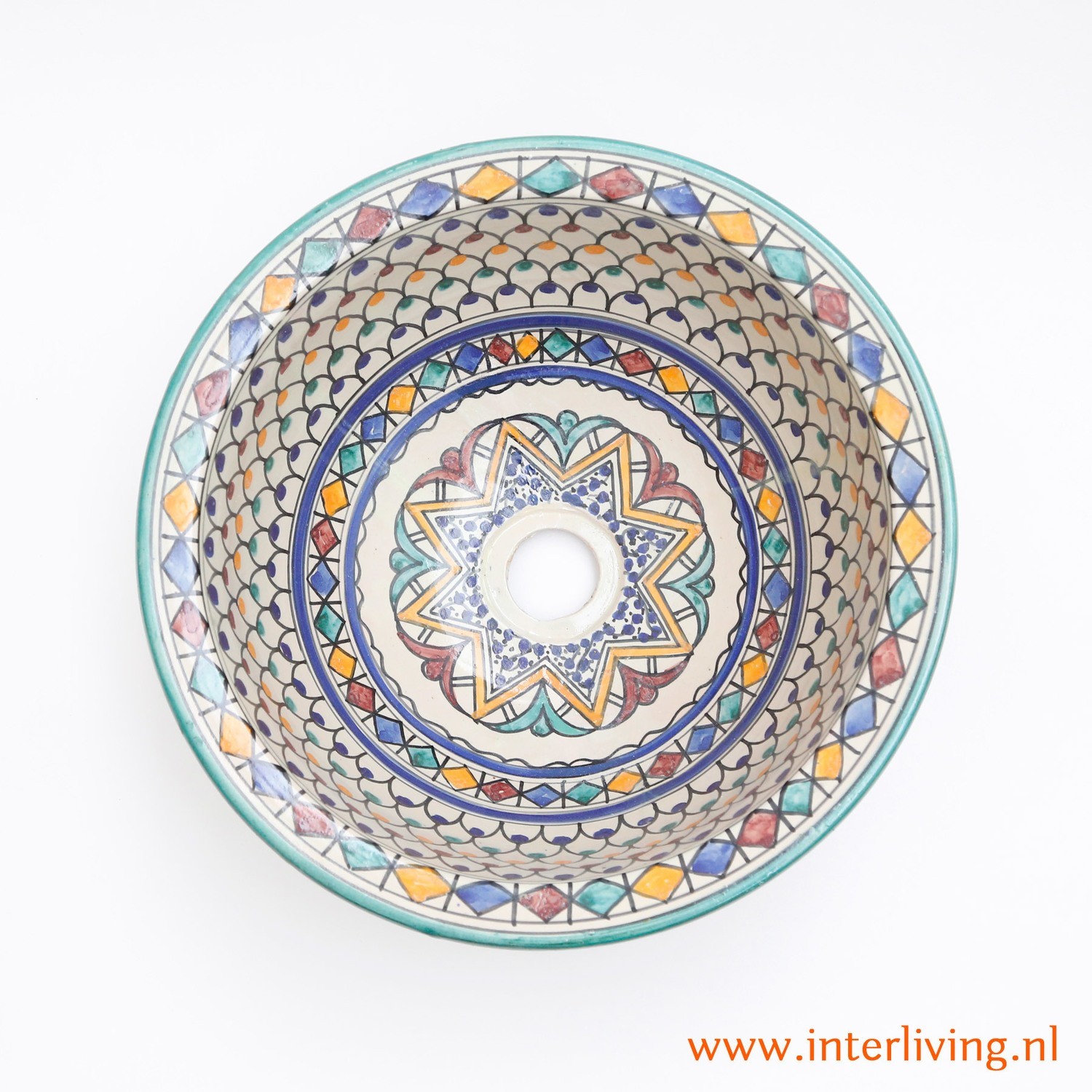 Marokkaanse waskom "Essaouria"- SM35 - aardewerk (opbouw) wasbak uit Fez - Ø 30 cm met gekleurde patronen