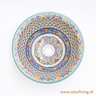 Marokkaanse waskom &quot;Essaouria&quot;- SM35 - aardewerk (opbouw) wasbak uit Fez - Ø 30 cm met gekleurde patronen