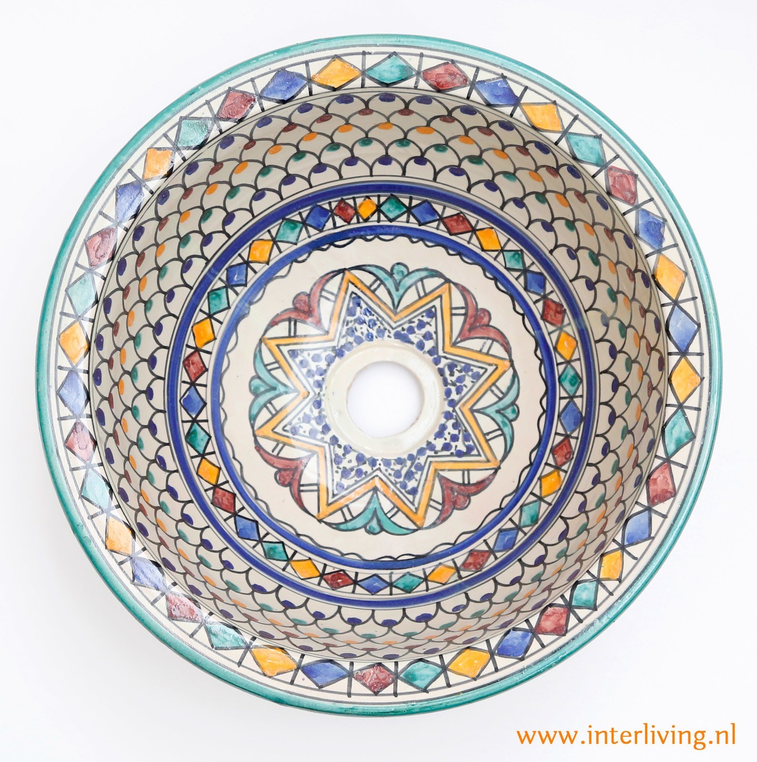 Marokkaanse waskom "Essaouria"- aardewerk (opbouw) wasbak uit Fez - Ø 40 cm met gekleurde patronen