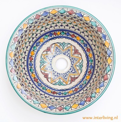 Marokkaanse waskom &quot;Essaouria&quot;- aardewerk (opbouw) wasbak uit Fez - Ø 35 cm met gekleurde patronen
