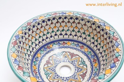 Marokkaanse waskom "Essaouria" - S35 - aardewerk (opbouw) wasbak uit Fez - Ø 25 cm met gekleurde patronen