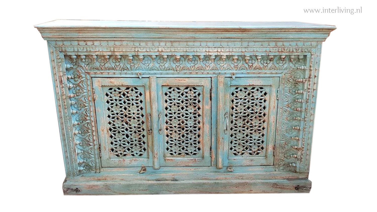 Afstotend tijger modus antiek stijl Jodhpur dressoir of lage kast van mango hout uit India -  vintage licht blauw - 152 (