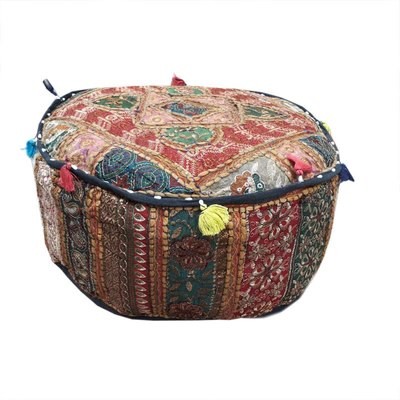 poef bont patchwork - bruin/rood rond model - 25 cm hoog