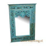 houten grote spiegel met oosters houtsnijwerk - antiek look in vintage aqua blue wash - Ibiza / boho stijl 120 cm x 80 cm