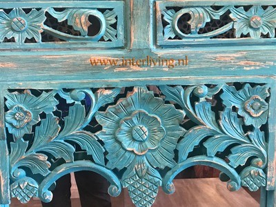 houten grote spiegel met oosters houtsnijwerk - antiek look in vintage aqua blue wash - Ibiza / boho stijl 120 cm x 80 cm