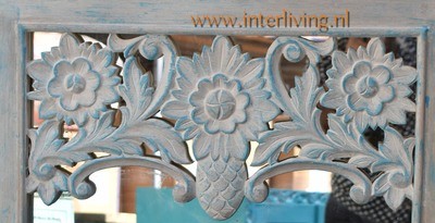 houten grote spiegel met oosters houtsnijwerk - antiek look in vintage aqua blue wash - Ibiza / boho stijl 120 cm x 80 cm