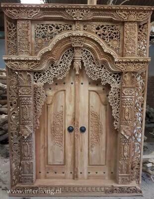 houten Bali poort - set twee deuren - decoratief oosters houtsnijwerk - hout naturel -  200 cm x 150 cm