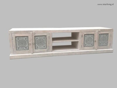 lange TV kast (205 cm) van mangohout - white washed met transparant glasmozaiek