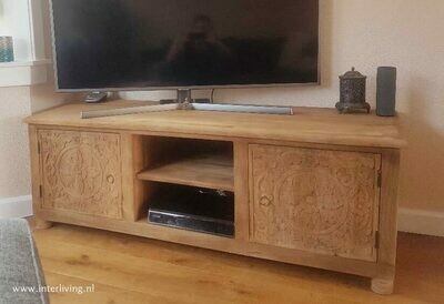 TV kast unfinished mangohout met lotus houtsnijwerk 150*55*45 cm