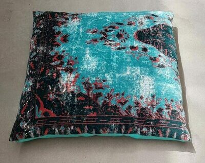 vintage  kelim vloerkleed kussen -  aqua velvet - bohemian turquoise verweerde tapijt look - 100 x 100 cm