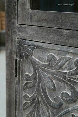 Hoge kast van mangohout -  grey washed -  lotus houtsnijwerk  - 180 cm hoog