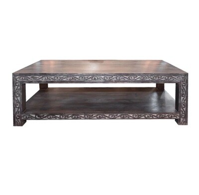 salon tafel mangohout met houtsnijwerk - 120x60 cm  - met grey wash finish