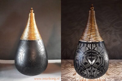 druppelmodel tafellamp - filigrain met gedraaid metaaldraad - mat zwart met bovenkant "wire"goud