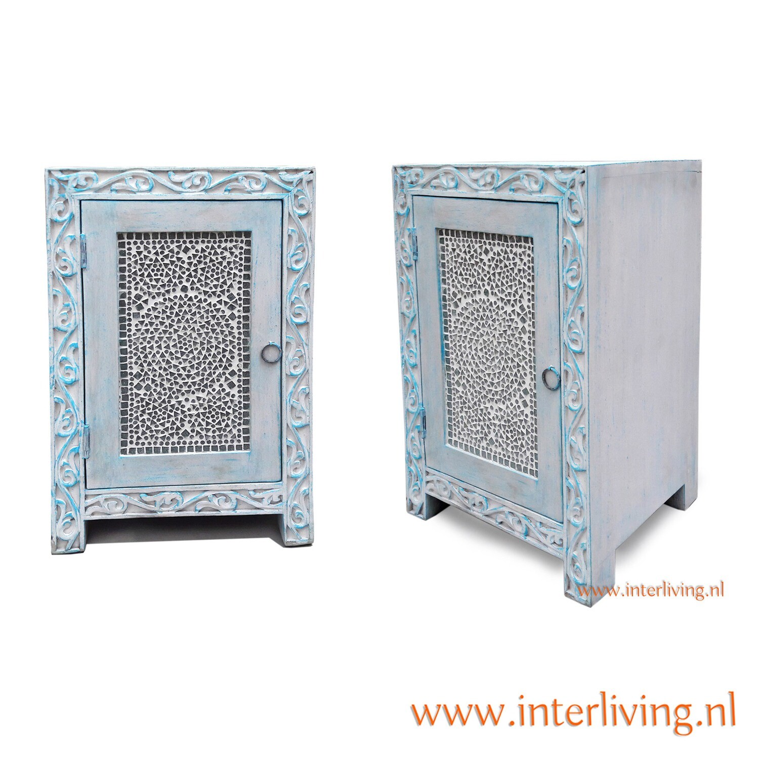 nachtkastje mangohout - blue washed - houtsnijwerk met mozaïek transparant